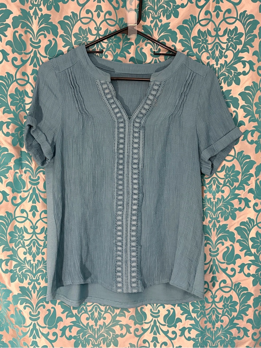 Light Blue Women's Embroidered Split-Neck Top